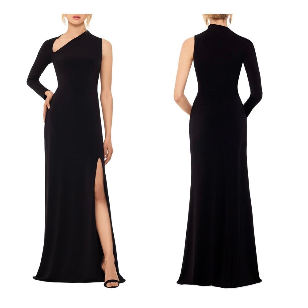 Betsy & Adam Black Asymmetrical Neck One Sleeve Long Slit Evening Gown Size 10